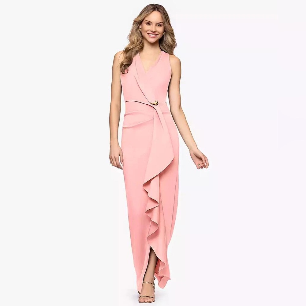 Betsy & Adam Pink Coral Scuba Crepe Ruffle Wrap Maxi Gown Dress NWT 8P Petite